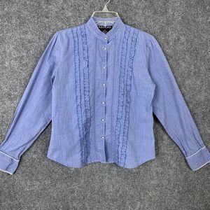 Adolfo Chambray Blue Button-up Shirt Women Size M Ruffles Crystal Buttons